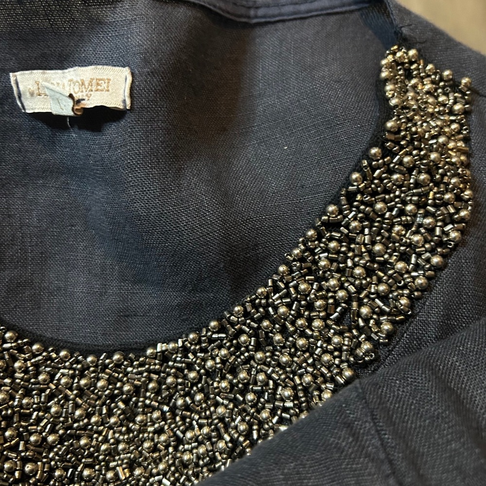 Navy Linen Embellished Shift Dress Pocket L Made In Italy Quiet Luxury Old Money - Picture 5 of 9